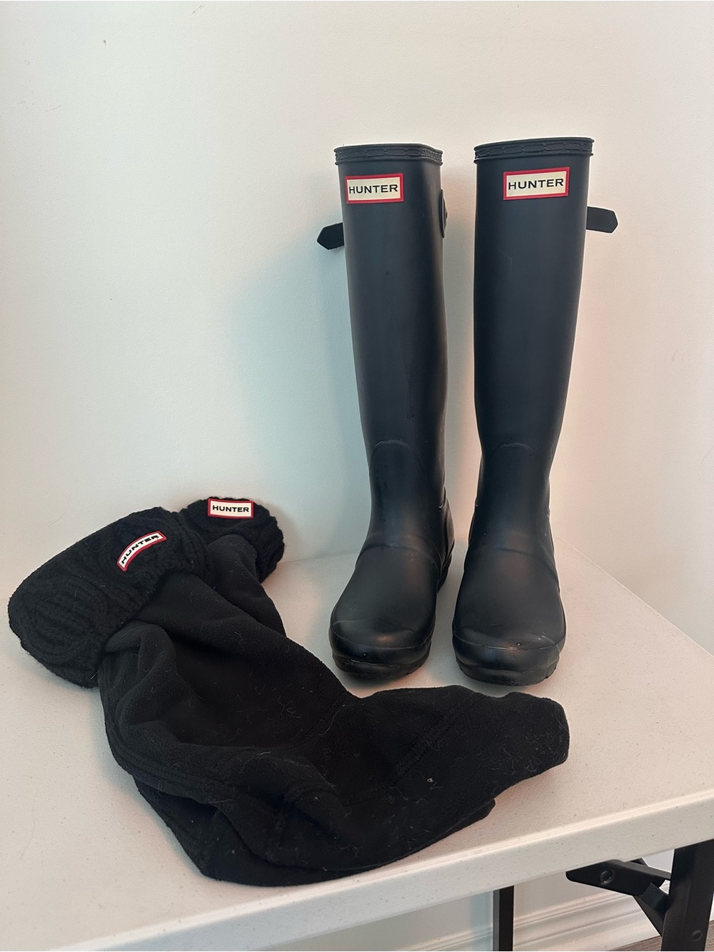 Hunter Black Tall Rain Boots with Black Neoprene Sock Liners